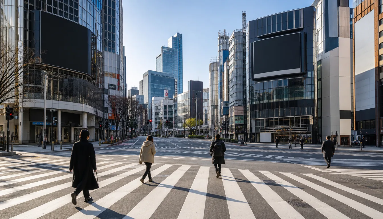 早朝の日差しを浴びた広いスクランブル交差点。ほとんど人がおらず、数人が白い横断歩道を渡っている