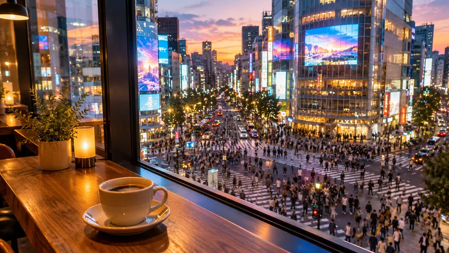 Eine Kaffeetasse an einem großen Café-Fenster mit Blick auf eine volle Diagonalkreuzung in der Dämmerung